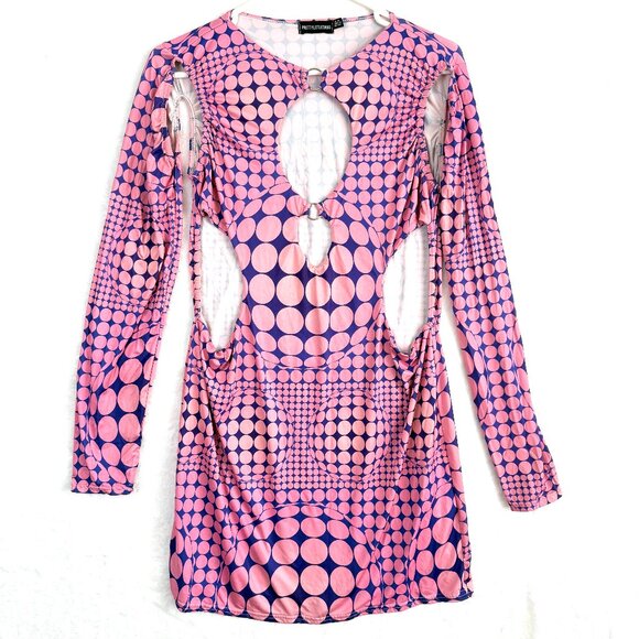 Pretty Little Thing Cut Out Bodycon Mini Dress Womens 12 Pink Purple Geometric - Picture 1 of 7